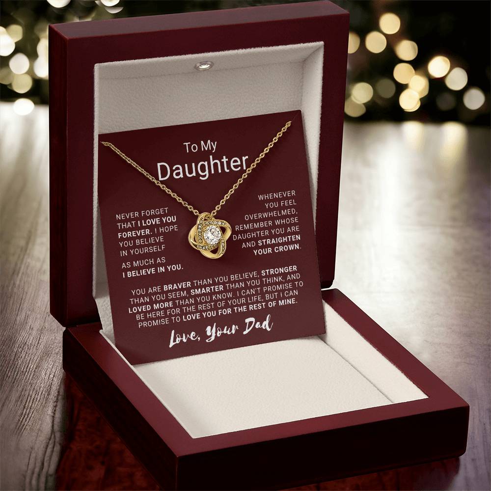 To My Daughter - Love Knot Necklace with Heartfelt Message Card | 18k Yellow Gold or 14k White Gold Over Stainless Steel | Perfect Gift of Love, Strength & Inspiration